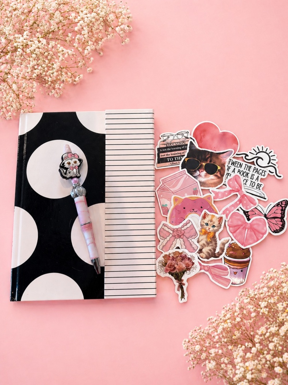 Adorable handmade cat pen with hardcover journal and 15 stickers